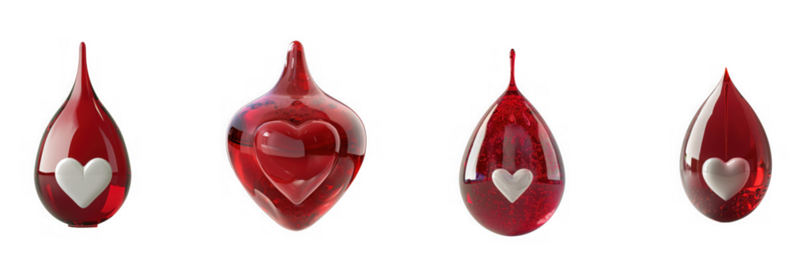 Four red glass teardrop shaped ornaments with white hearts, symbolizing love and romance, isolated on transparent background - Powered by Adobe
