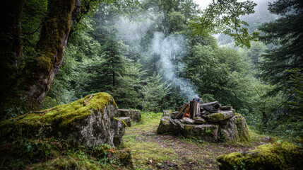 Tranquil campfire with smoke rising from smolder in misty forest clearing. Outdoor nature scene, peaceful and serene wilderness setting