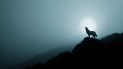 Solitary wolf howls at full moon from dark, misty mountain peak. This lonely wild animal silhouette creates mysterious night scene