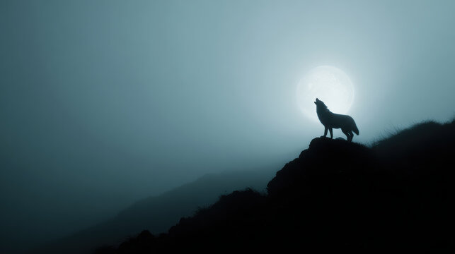 Solitary wolf howls at full moon from dark, misty mountain peak. This lonely wild animal silhouette creates mysterious night scene