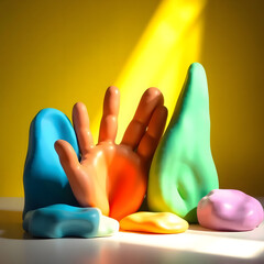 This image displays three colorful, hand-shaped objects, possibly made of plastic or ceramic, standing upright against a warm yellow background. Each hand is a different vibrant color &ndash; blue, orange, 