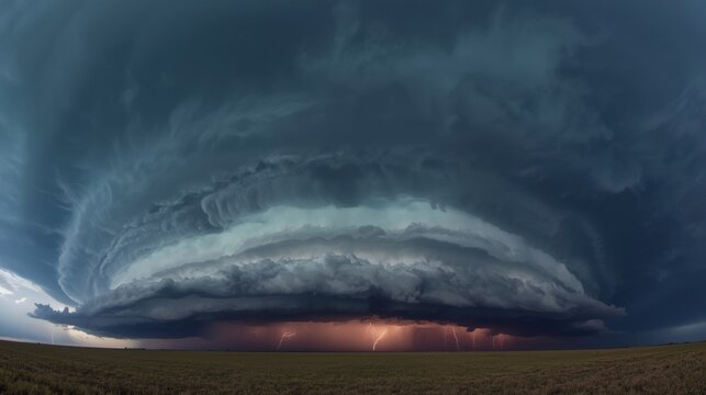 Dramatic supercell thunderstorm with lightning in a vast open field