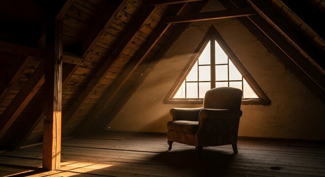 Escape to a cozy attic hideaway with sunlight streaming through the window, creating a peaceful reading nook with an antique armchair and wooden beams.