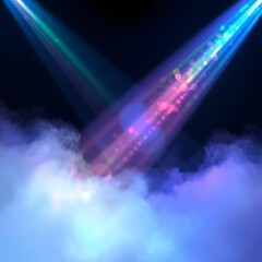 This image features a dramatic stage lighting setup in a dark, smoky environment. Multiple spotlights, primarily in vibrant blue and magenta hues, cut through thick smoke or fog, creating visible beam