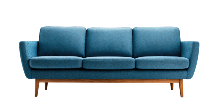 A stylish, three-seater blue sofa with wooden legs and a clean design