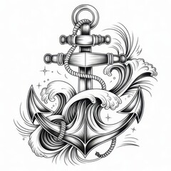 Detailed monochrome drawing of an anchor entangled with a rope and surrounded by stylized waves