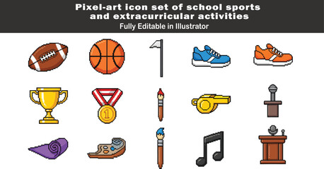 Pixel-art icon set of school sports and extracurricular activities in 2D flat vector style