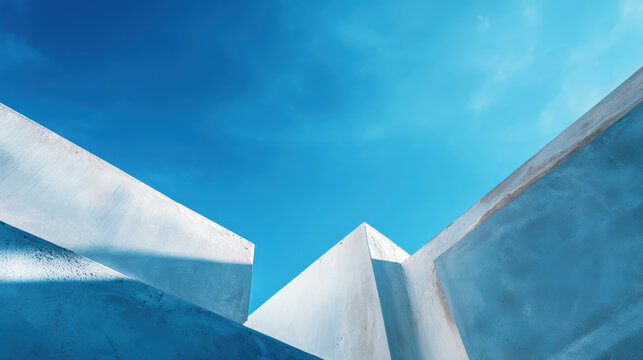 Calm modern architecture featuring an abstract concrete wall and geometric structure against clear blue sky. simple, bright background space