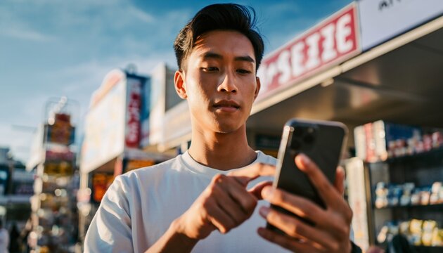 Close-up of a portrait of a young Asian man touching the screen with his smartphone in a bright modern convenience store.