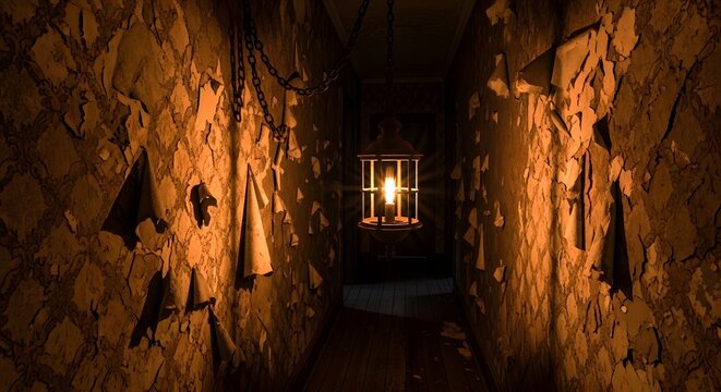 Eerie hallway illuminated by hanging lantern, perfect for horror themes, haunted houses, and spooky Halloween scenes, set the mood for suspenseful thriller