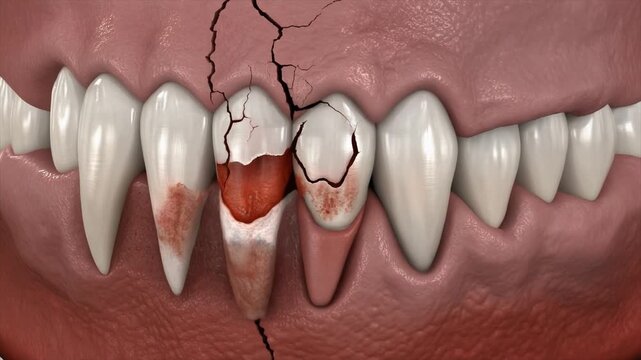 Extreme close-up 3D illustration of a cracked and broken human tooth with exposed pulp and inflamed gums