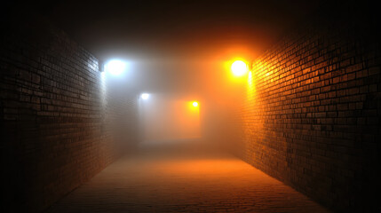 Mysterious atmospheric underground tunnel with dim light. dark brick passage stretches forward creating an eerie, suspenseful mood with fog