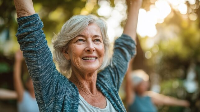 A cheerful senior woman stretches her arms upwards in a park at sunset participating in a yoga class with friends. The warm sunlight enhances the relaxing atmosphere.