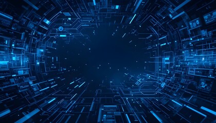 Futuristic metaverse technology background template in shades of blue, featuring digital grids, abstract circuits, and immersive virtual elements.