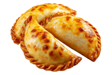 Argentina and Uruguay empanadas stacked in a pyramid, golden baked crust, meat and potato filling, isolated on white transparent background, concept of traditional South American Cuisine