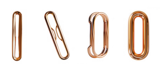 Four shiny coppercolored elongated oval links or decorative elements with reflective surfaces, arranged horizontally and isolated on a transparent background