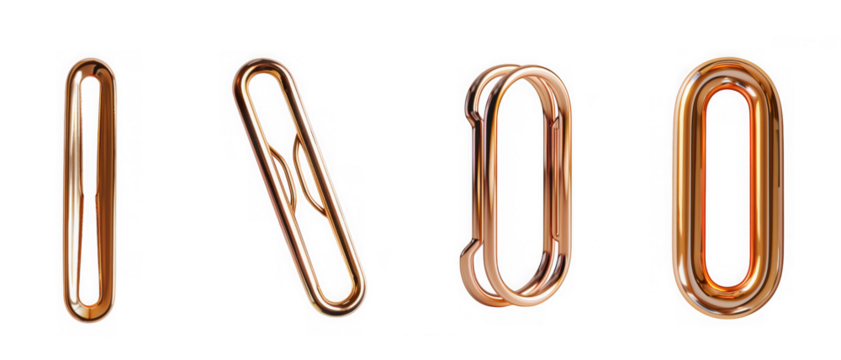 Four shiny coppercolored elongated oval links or decorative elements with reflective surfaces, arranged horizontally and isolated on a transparent background