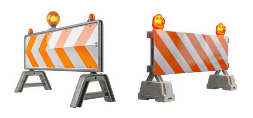 Two construction road barriers with flashing warning lights, featuring orange and white chevron and diagonal stripes, isolated on transparent background