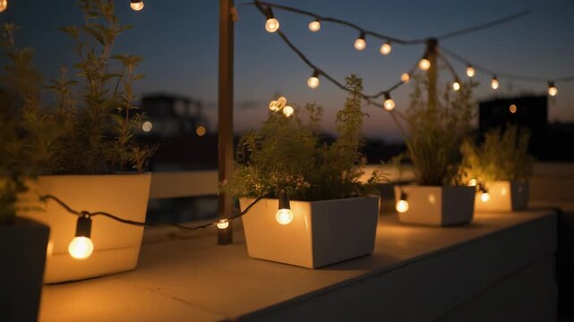 A serene rooftop garden at dusk features potted plants on a concrete ledge adorned with string lights against a clear evening sky.