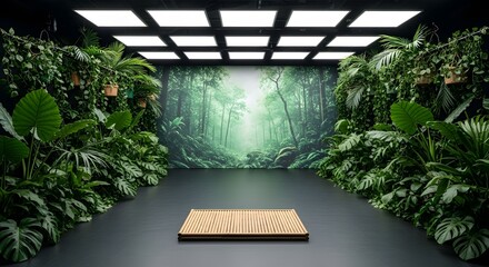 Step into nature's embrace with this modern, lush indoor garden space perfect for wellness retreats, sustainable brand displays, and eco friendly presentations