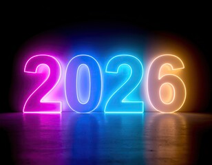 Neon 2026 year glowing on polished floor, dark backdrop