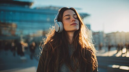 A young woman stands in a lively urban area wearing headphones and enjoying music as the sun sets. Her hair glows in the golden light capturing a peaceful moment amidst the activity around her.