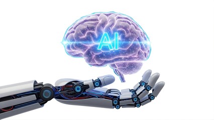 Robotic hand holding a glowing brain with ai text, symbolizing artificial intelligence, isolated on white background