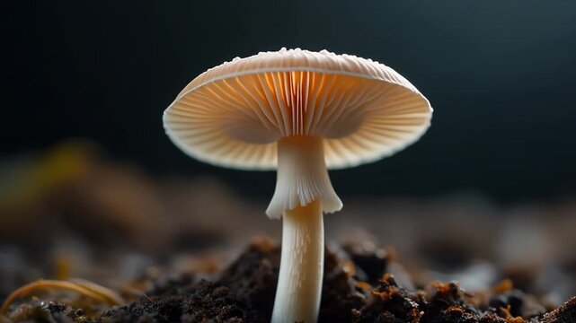 Incredible time lapse of a single mushroom growing from dark soil.