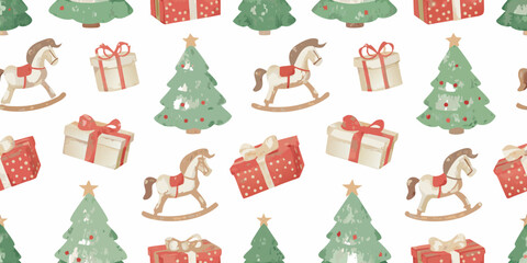 Watercolor christmas pattern with trees gifts and rocking horses