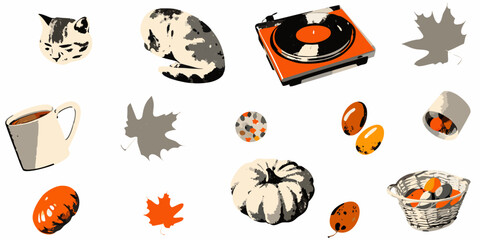 Cozy autumn still life with cat record player and pumpkins illustration