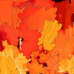 This abstract image is a vivid and energetic composition dominated by a palette of red, orange, and yellow. The surface exhibits a highly textured quality, resembling fractured or cracked earth, dried