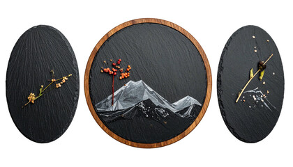 Dark plates, natural elements sprig, mountain, skewer