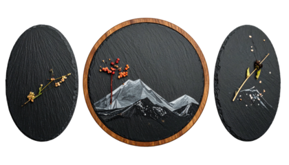 Dark plates, natural elements sprig, mountain, skewer