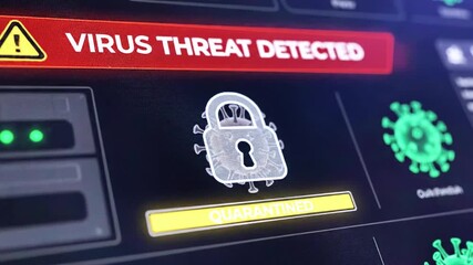Futuristic dashboard shows a yellow virus icon with quarantined tag amid active threat alerts today