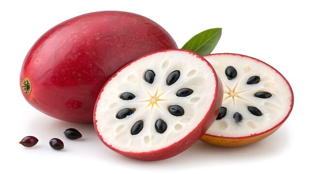 Fresh carissa carandas fruit, whole, sliced, revealing seeds