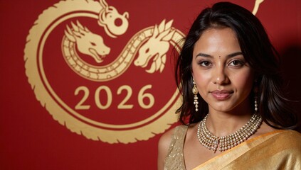 Indian woman standing near 2026 year background
