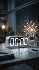 Virtual and Digital New Year Eve Gatherings, glowing digital countdown clock at 00:00 on modern desk with soft fireworks in window background, capturing quiet indoor transition, remote celebration