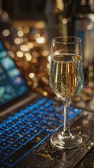 Virtual and Digital New Year Eve Gatherings, elegant champagne glass on glowing laptop with golden glitter and bubbles, capturing sophisticated online celebration, festive digital ambiance, and refine