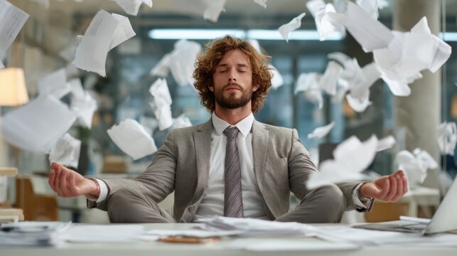 A suited man sits cross legged at his desk calmly meditating while papers fly around him in a hectic office environment. Stress and calm coexist in this busy workspace.
