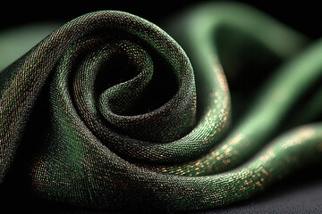 Abstract macro detail of a spiraled emerald green textile with golden highlights creating a luxurious textured background