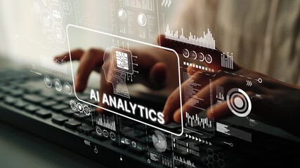Hands Typing on Keyboard with Futuristic AI Analytics Interface Displayed in Background for Technology and Data Analysis Themes. Asymptotic smart data analytic. - Powered by Adobe