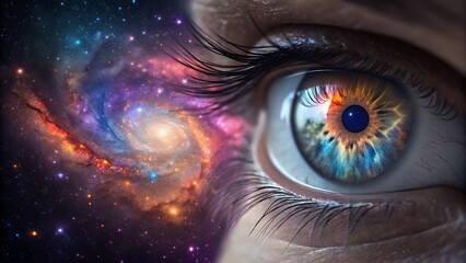 Human eye reflecting colorful galaxy and starry cosmic universe
