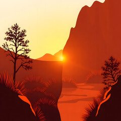This image depicts a serene and vibrant landscape at either sunrise or sunset, with a brilliant orange and yellow sun low on the horizon, casting a warm glow across the scene. Silhouetted mountains do