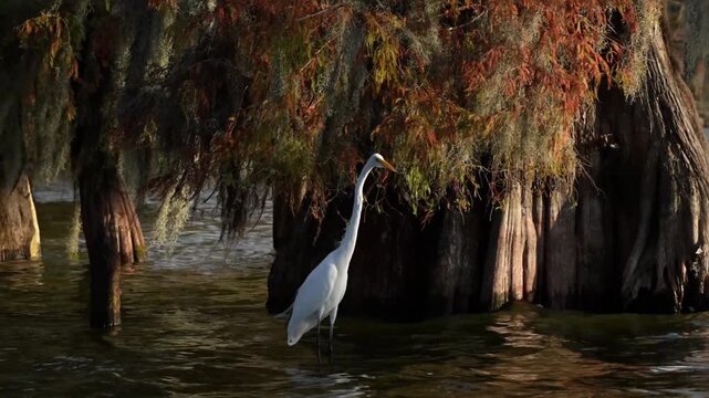 Egret, Spanish Moss on Bald Cypress and Tupelo Trees in the Martin/Caddo Lake 