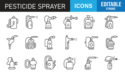Fototapeta premium Clean Pesticide Sprayer Symbol Collection Featuring Farm Treatment Devices, Sprayers, Nozzles, Pressure Tanks, and Application Tools