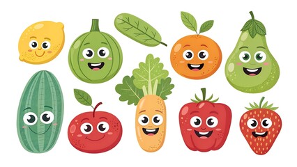 Fototapeta premium Happy cartoon fruit and vegetable characters on white background