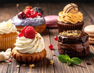 Assorted cupcakes and desserts arranged on a wood table