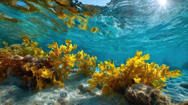 Vibrant yellow seaweed grows on the ocean floor illuminated by sunlight. The clear water creates a stunning contrast with the colorful underwater scene showcasing nature's beauty.