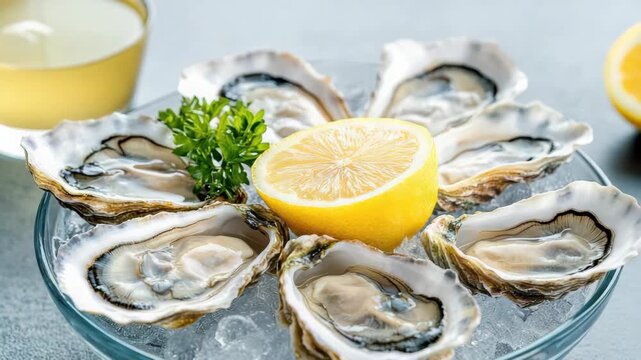 Oyster on ice with lemon, parsley garnish. chilled seafood shellfish appetizer elegantly served