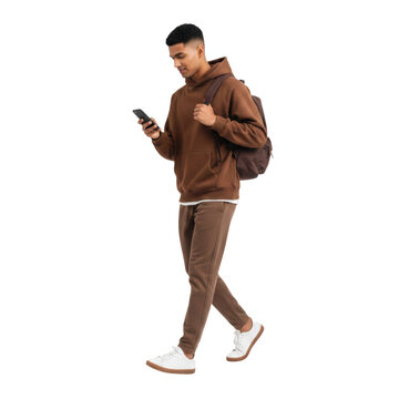 Young man texting walking with a backpack trendy, cutout isolated on transparent background